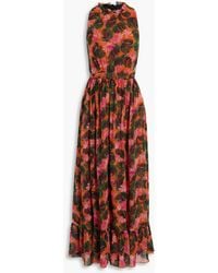 Saloni - Agnes Gathered Floral-print Silk-chiffon Halterneck Maxi Dress - Lyst