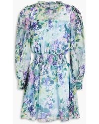 ML Monique Lhuillier - Shirred Floral-print Chiffon Mini Dress - Lyst
