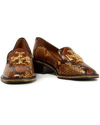 Tory Burch Freya Chain-trimmed Snake-effect Leather Loafers - Brown