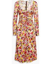 Ganni - Ruched Floral-print Silk-blend Satin Midi Dress - Lyst