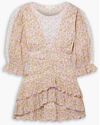 LoveShackFancy - Marquise gestuftes minikleid aus baumwoll-voile mit floralem print und häkelbesatz - Lyst