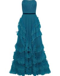 Marchesa notte Ruffled Strapless Dress - Blue