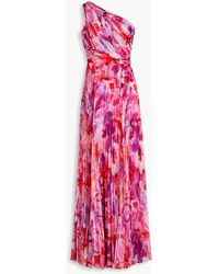 Marchesa - One-shoulder Pleated Floral-print Chiffon Gown - Lyst