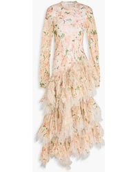 Zimmermann - Gestuftes midikleid aus gaze aus einer leinen-seidenmischung mit floralem print - Lyst