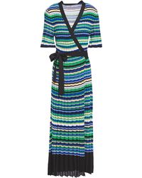 Maje Metallic Striped Ribbed-knit Midi Wrap Dress Multicolour - Green