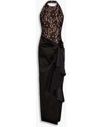 Rasario - Draped Corded Lace And Satin Halterneck Gown - Lyst
