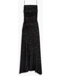 Ganni - Ruched Floral-print Satin Midi Dress - Lyst