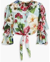 Dolce & Gabbana - Cropped Ruffled Floral-print Silk-crepe De Chine Top - Lyst
