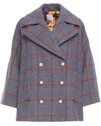 Stella Jean Double-breasted Checked Felt Coat Blue