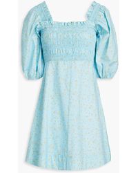 Ganni - Shirred Floral-print Cotton-poplin Mini Dress - Lyst
