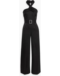 Halston - Kani Crystal-embellished Satin-crepe Wide-leg Halterneck Jumpsuit - Lyst