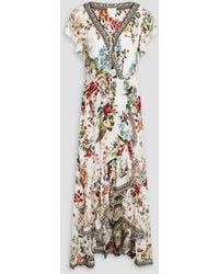 Camilla - Verziertes maxi-wickelkleid aus crêpe de chine aus seide mit floralem print - Lyst