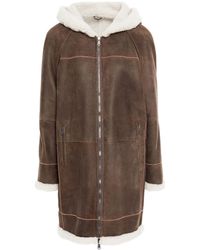 Brunello Cucinelli Shearling Hooded Coat Dark Brown