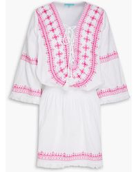 Melissa Odabash - Martina Gathered Embroidered Cotton And Linen-blend Mini Dress - Lyst