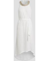 120% Lino - Belted Embellished Linen Midi Dress - Lyst