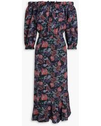 Saloni - Grace Off-The-Shoulder Floral-Print Silk Crepe De Chine Midi Dress - Lyst