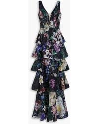 Marchesa - Gestufte robe aus chiffon mit floralem print und verzierung - Lyst