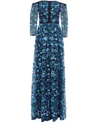 Marchesa notte Off-the-shoulder Lace-trimmed Embellished Tulle Gown Navy - Blue