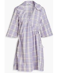 Ganni - Checked Cotton-blend Seersucker Mini Wrap Dress - Lyst
