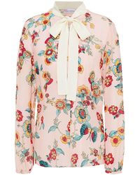 RED Valentino - Pussy-bow Floral-print Silk Crepe De Chine Blouse - Lyst
