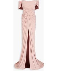Rhea Costa - Off-the-shoulder Draped Satin-jersey Gown - Lyst