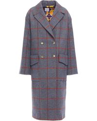 Stella Jean Double-breasted Checked Felt Coat Blue