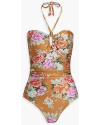 Zimmermann - Ruched Floral-print Halterneck Swimsuit - Lyst