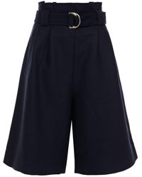 Ganni Belted Pleated Wool-blend Twill Shorts - Blue