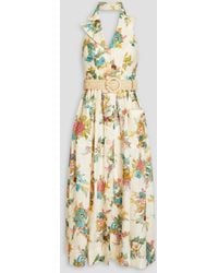 Zimmermann - Gerafftes hemdkleid in midilänge aus leinen mit floralem print und gürtel - Lyst