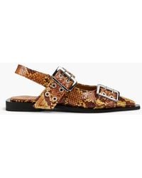 Ganni - Buckled Croc-effect Slingback Point-toe Flats - Lyst