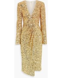 Badgley Mischka - Ruched Sequined Tulle Midi Dress - Lyst