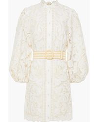 Zimmermann Empire Belted Broderie Anglaise Linen And Cotton-blend Mini Dress - White