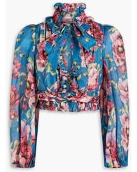Zimmermann - Cropped Pussy-bow Floral-print Ramie Blouse - Lyst