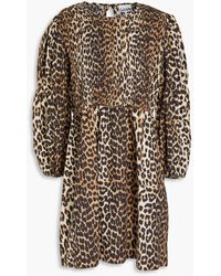 Ganni - Leopard-print Cotton-poplin Mini Dress - Lyst