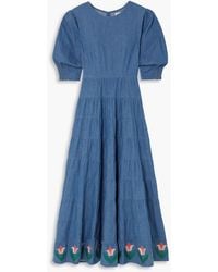 RIXO London - Kristen Tiered Embroidered Cotton-chambray Maxi Dress - Lyst