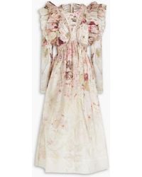 Zimmermann - Ruffled Floral-print Linen And Silk-blend Midi Dress - Lyst