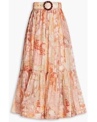 Zimmermann - Belted Printed Linen And Silk-blend Gauze Midi Skirt - Lyst