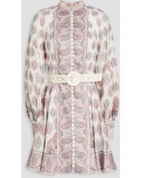 Zimmermann - Belted Paisley-print Linen Mini Dress - Lyst