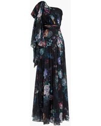 Marchesa - Robe aus chiffon mit floralem print, falten und asymmetrischer schulterpartie - Lyst
