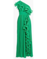 Badgley Mischka - One-Shoulder Ruffled Plissé-Georgette Gown - Lyst