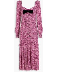 Alessandra Rich - Bow-detailed Ruched Floral-print Silk Crepe De Chine Midi Dress - Lyst