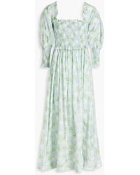 Ganni - Shirred Floral-print Cotton And Silk-blend Maxi Dress - Lyst