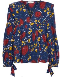 Sea Willow Floral-print Cotton-poplin Blouse Navy - Blue