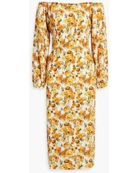Onia - Off-the-shoulder Shirred Floral-print Linen-blend Midi Dress - Lyst