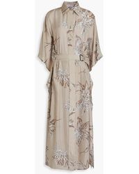 Brunello Cucinelli - Bead-embellished Printed Silk Crepe De Chine Midi Shirt Dress - Lyst