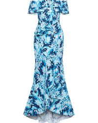 Badgley Mischka Printed Off-the-shoulder Tiered Ruffle Mermaid Gown - Blue