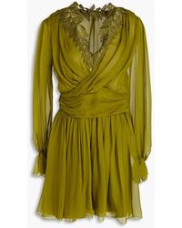Alberta Ferretti - Guipure Lace-trimmed Draped Silk-voile Mini Dress - Lyst