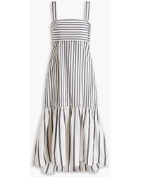 Theory - Striped Gathered Cotton-poplin Midi Dress - Lyst