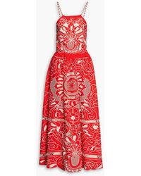 RED Valentino - Gerafftes midikleid aus baumwolle mit lochstickerei - Lyst