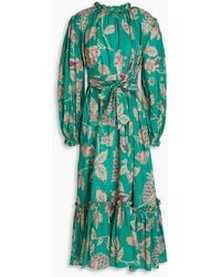 LEO LIN - Gathered Belted Floral-print Cotton Midi Dress - Lyst